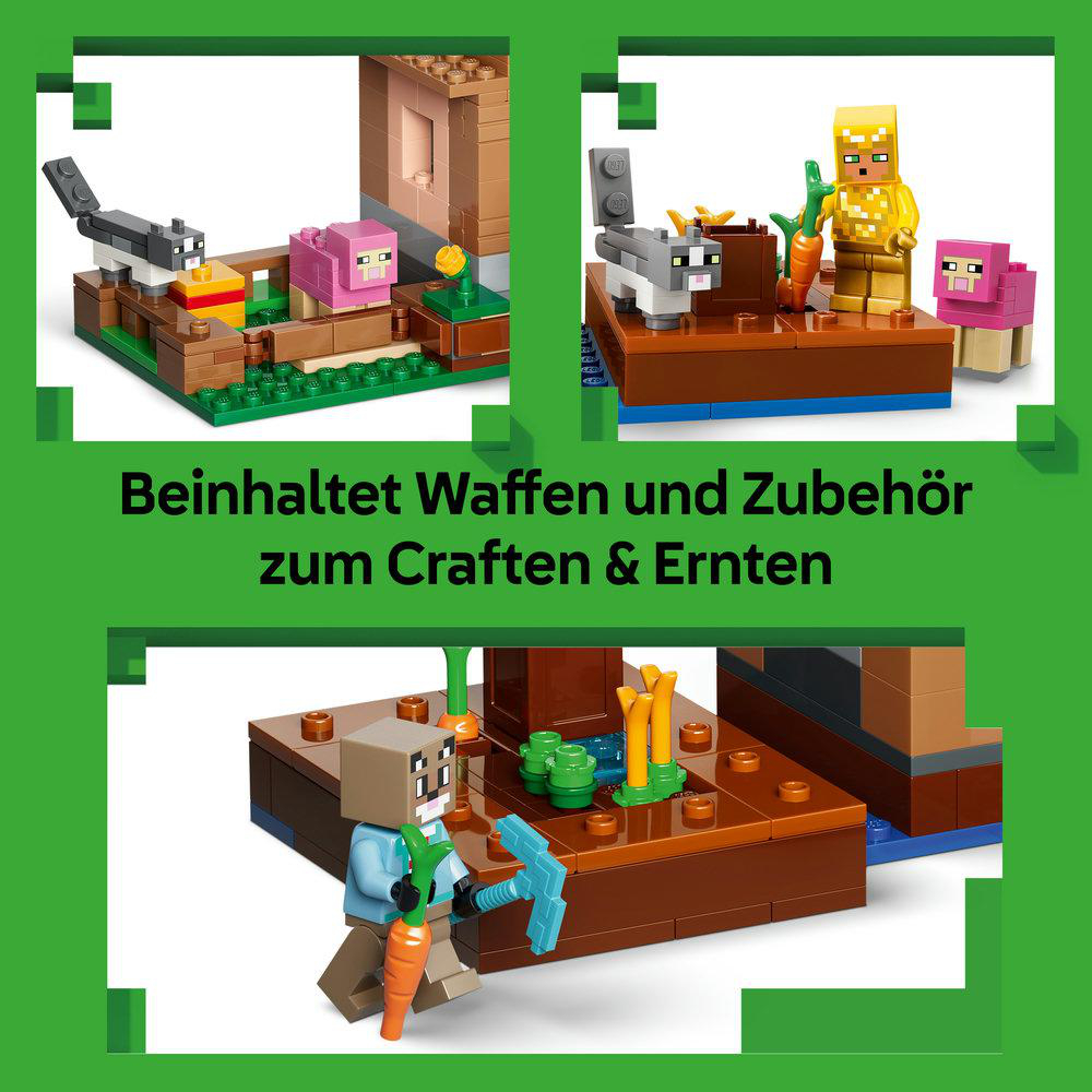 Lego Minecraft Szene mit Charakteren, Tieren und Pflanzen. Text: Crafting & Harvesting Gear.