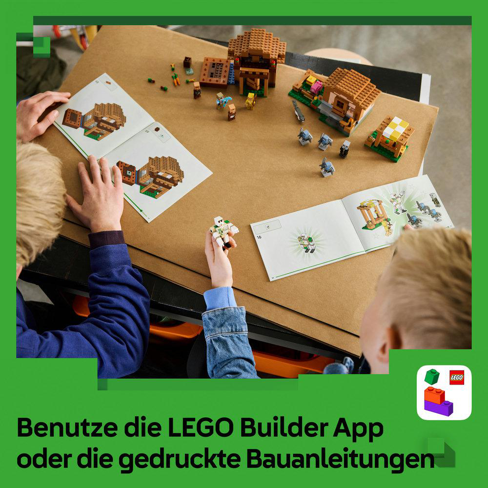 Kinder bauen mit LEGO-Steinen nach Anleitung. Viele kleine LEGO-Figuren und Häuser sind zu sehen.