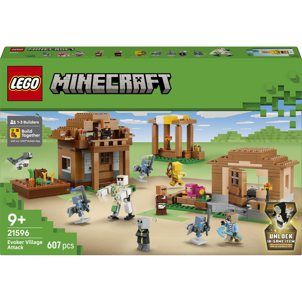 LEGO Minecraft Set mit Figuren und Gebäuden, 607 Teile, ab 9 Jahren.