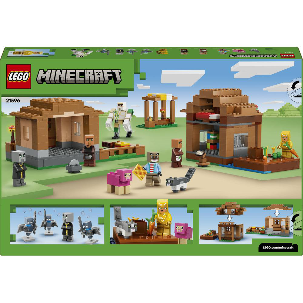 Lego Minecraft Set mit zwei Häusern, Figuren und Tieren auf grünem Untergrund.