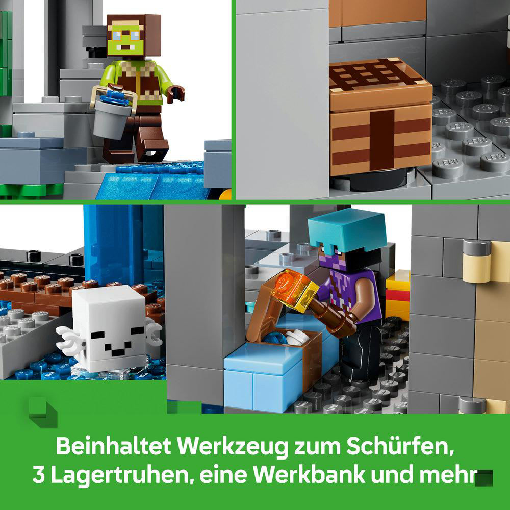 LEGO-Figuren mit Werkzeugen und Truhen in einer Minecraft-Szene.