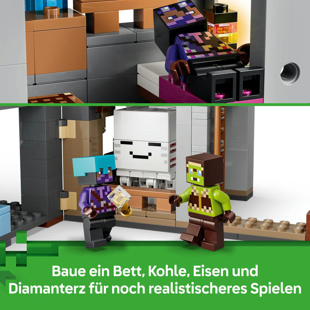 Lego Minecraft Szene mit Figuren, einem Bett und Bausteinen.