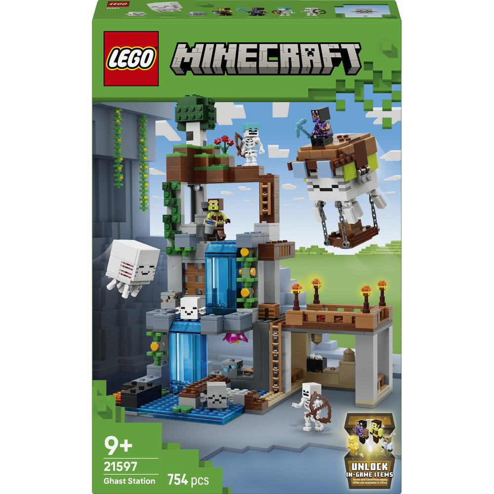 LEGO Minecraft-Set mit Figuren, einem Ghast und einer Station mit Wasserfällen.