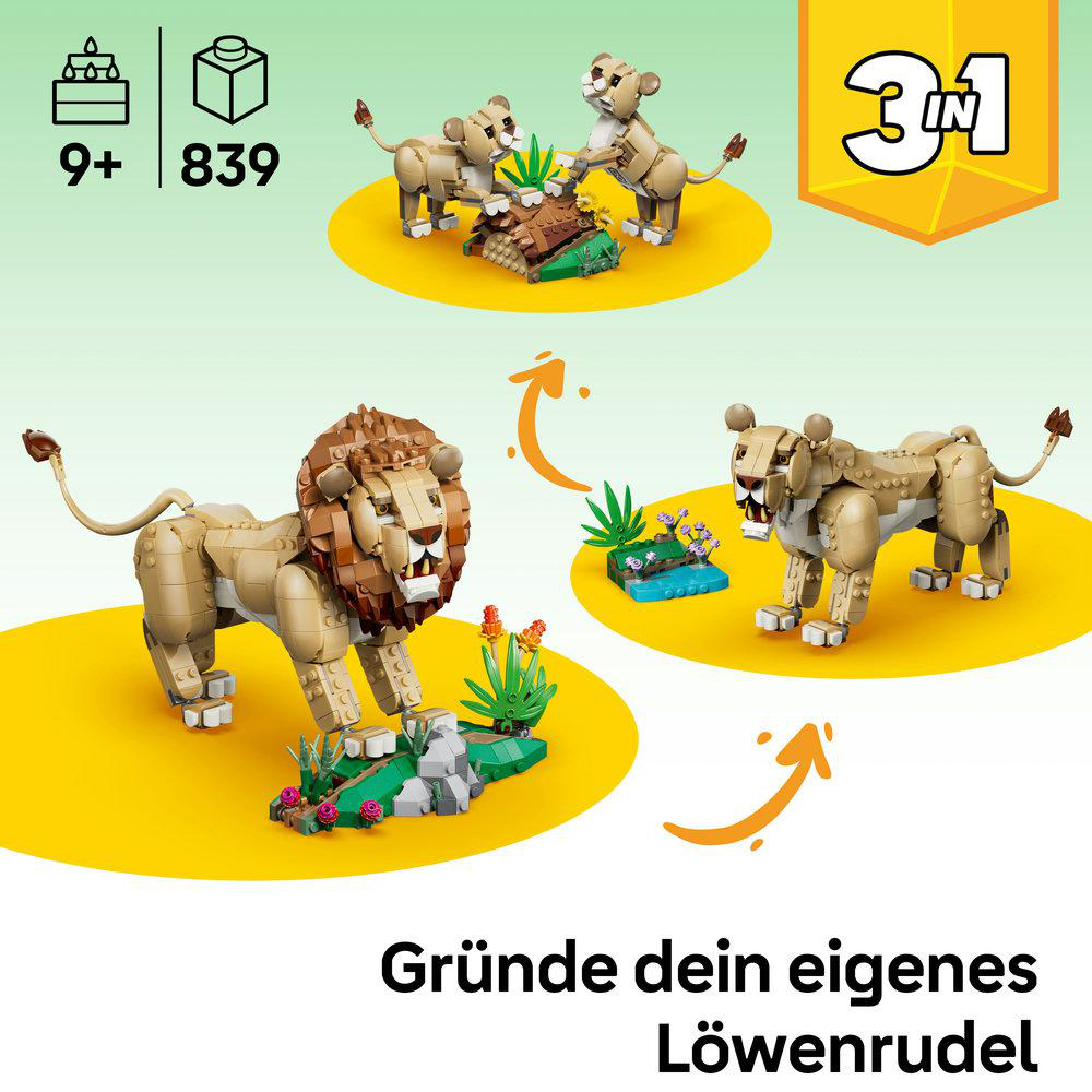 LEGO-Set mit Löwen und Jungtieren, 9+ Alter, 839 Teile.