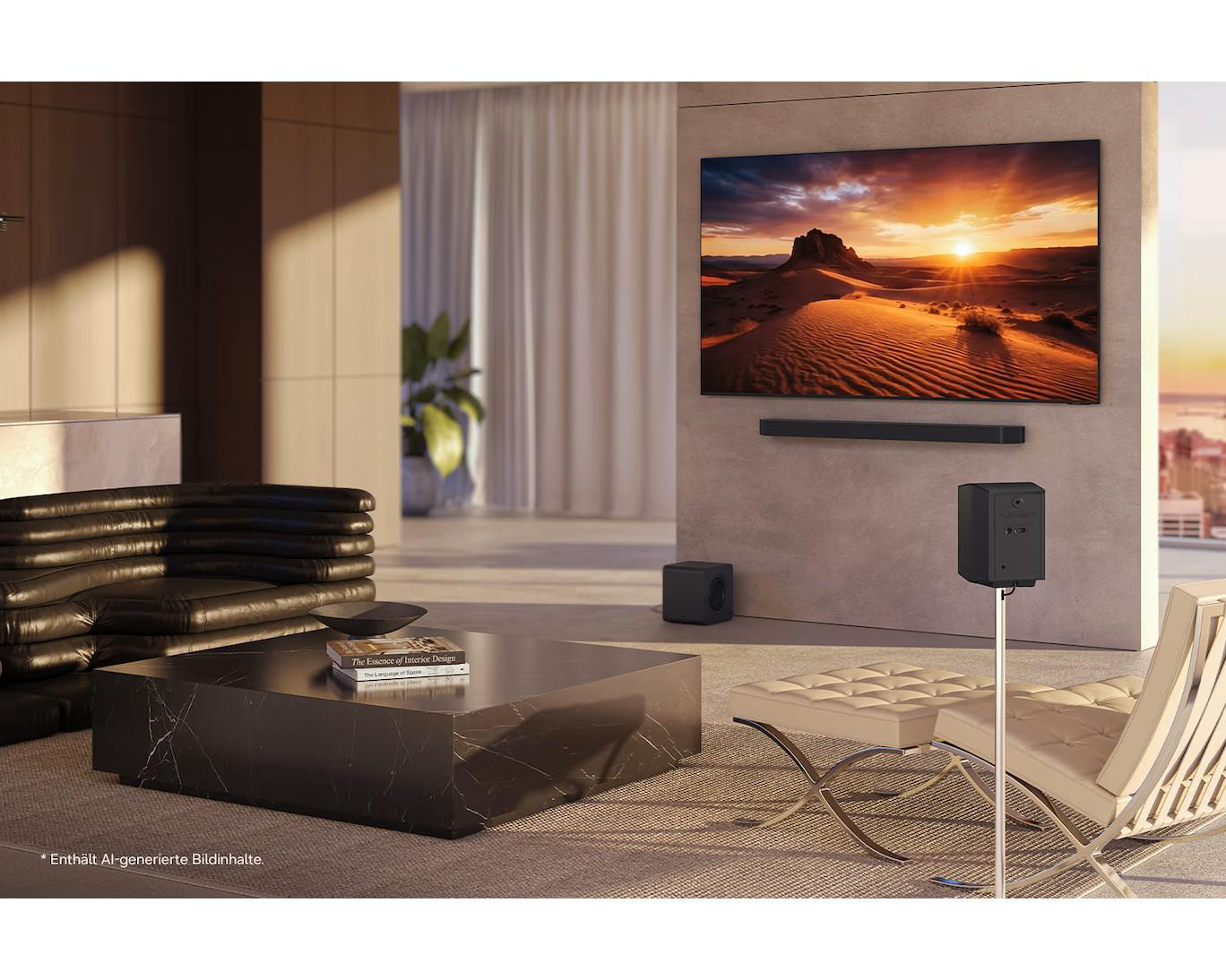 Modernes Wohnzimmer mit schwarzem Ledersofa, Marmortisch und Wand-TV mit Sonnenuntergangsbild.