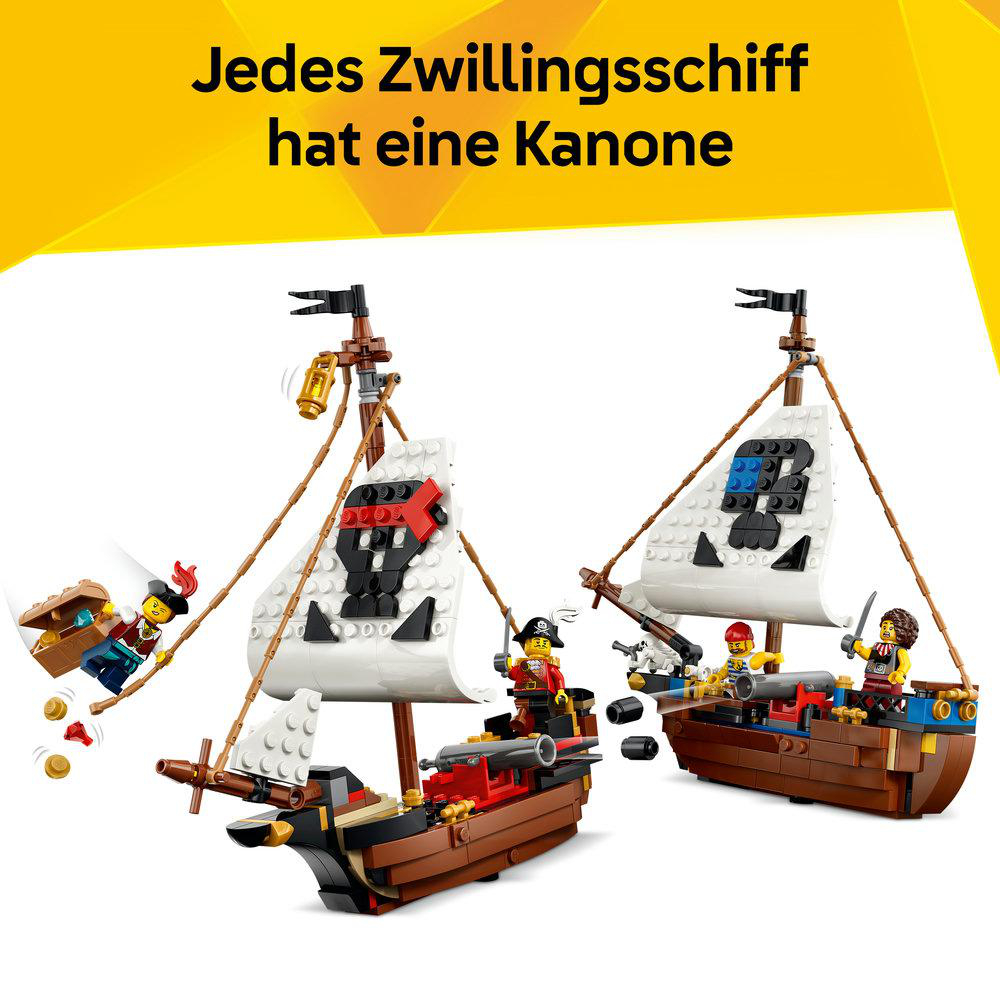 Zwei Lego-Piraten-Schiffe mit Kanonen und Figuren.