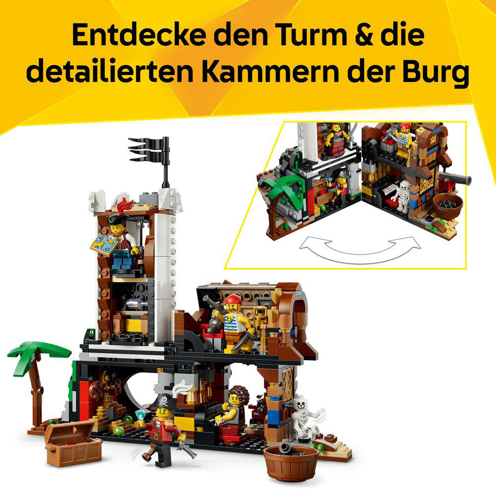 Buntes Piraten-Spielset mit Figuren, Schatzkiste und detailliertem Turm.