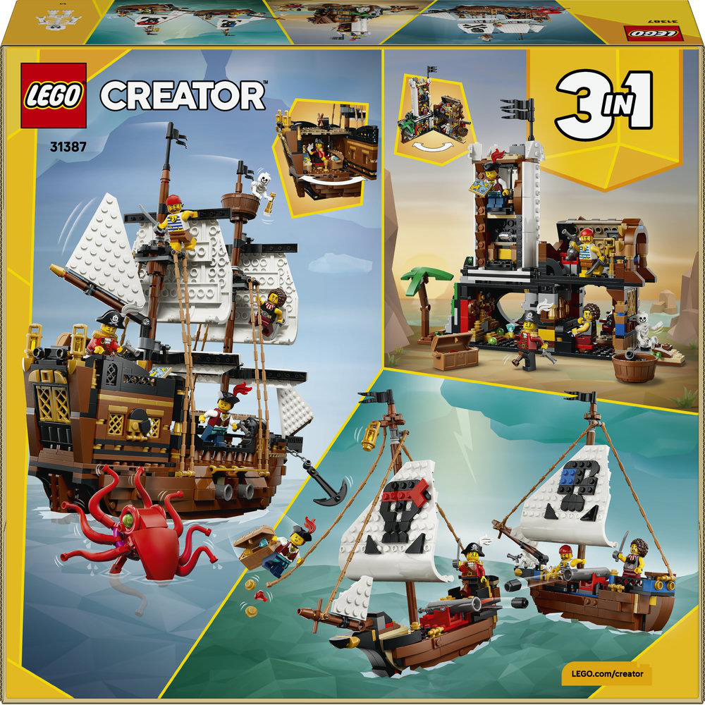 Lego Creator Box mit Piratenschiff, Inselburg und zwei kleineren Schiffen.