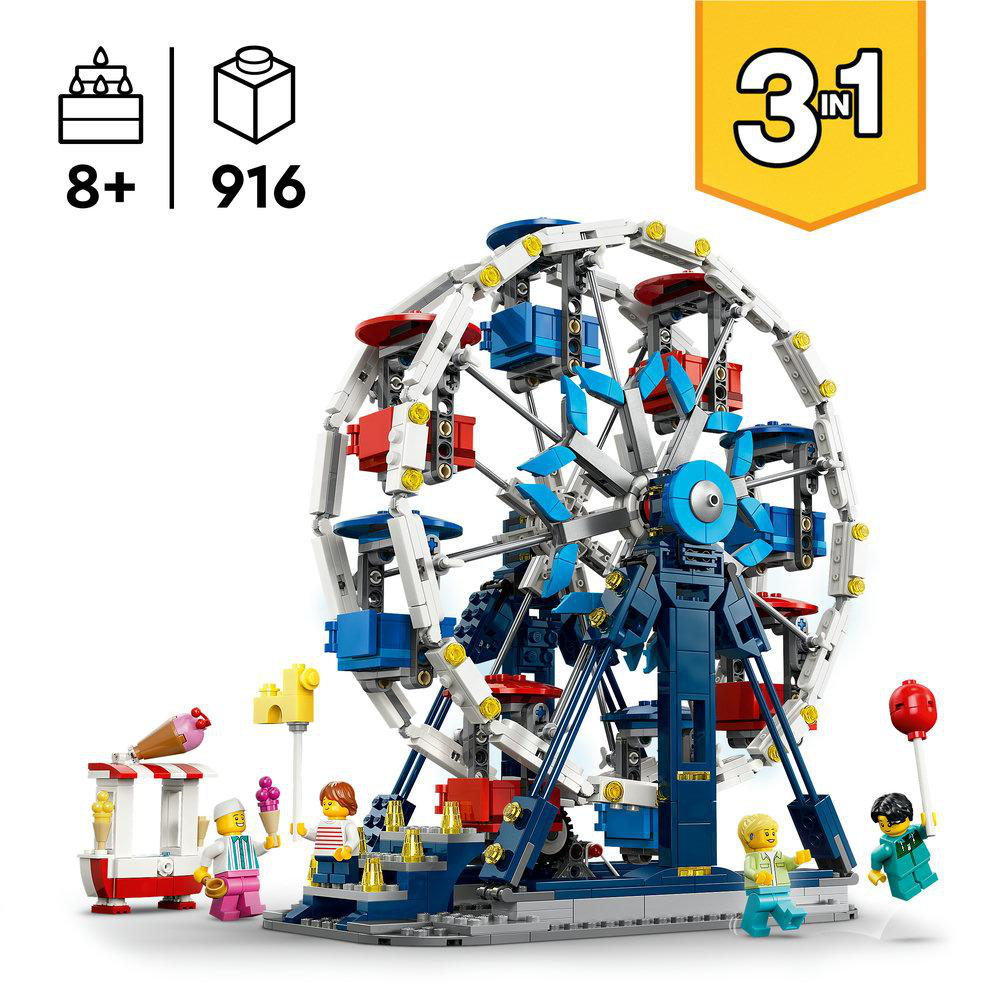 Ein buntes Lego-Karussell mit Figuren und einem Eiswagen.