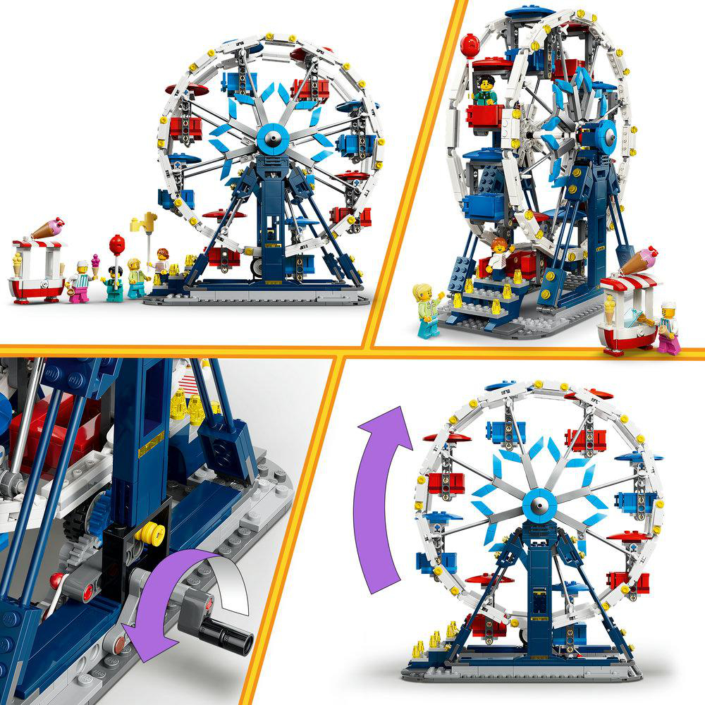 Ein buntes Lego-Karussell mit Figuren und Eiswagen.