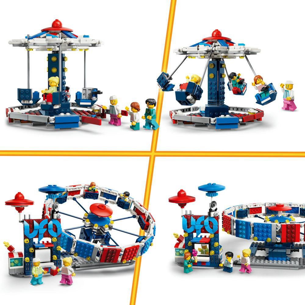 Ein Lego-Karussell mit Figuren und Fahrgeschäften im Freizeitpark-Stil.