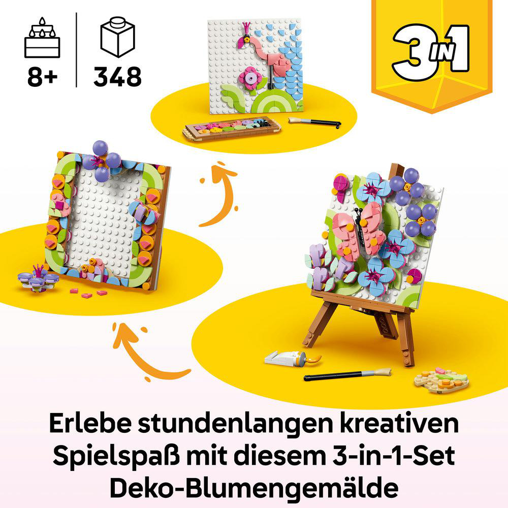 3-in-1 LEGO Set mit drei Dekorationen: Flamingo, gerahmtes Blumenbild und Leinwandbild.