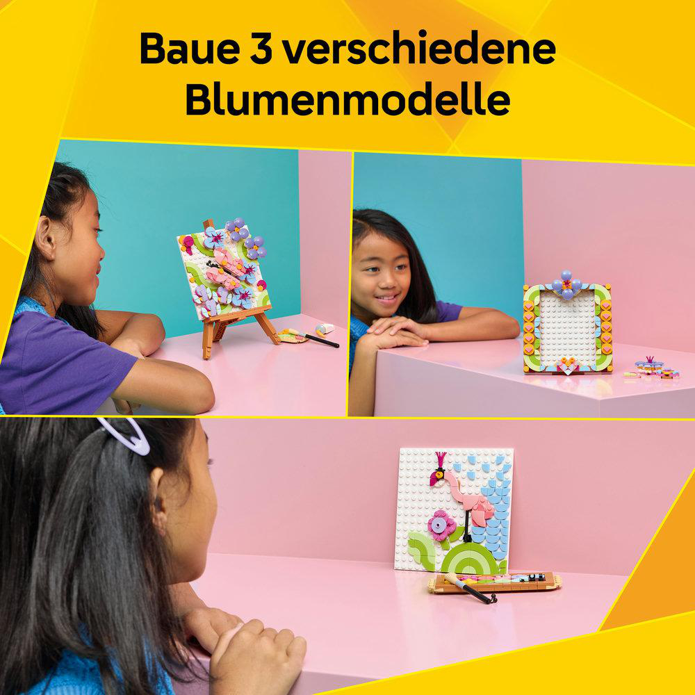 Drei Kinder bauen bunte Lego-Blumenmodelle. Eines baut einen Blumenstrauß auf einer Staffelei.