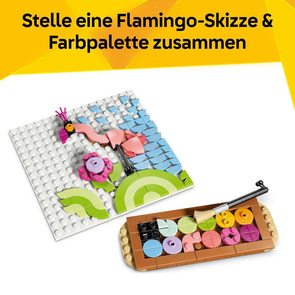 Ein LEGO Flamingo-Modell und eine Farbpalette mit Pinsel.