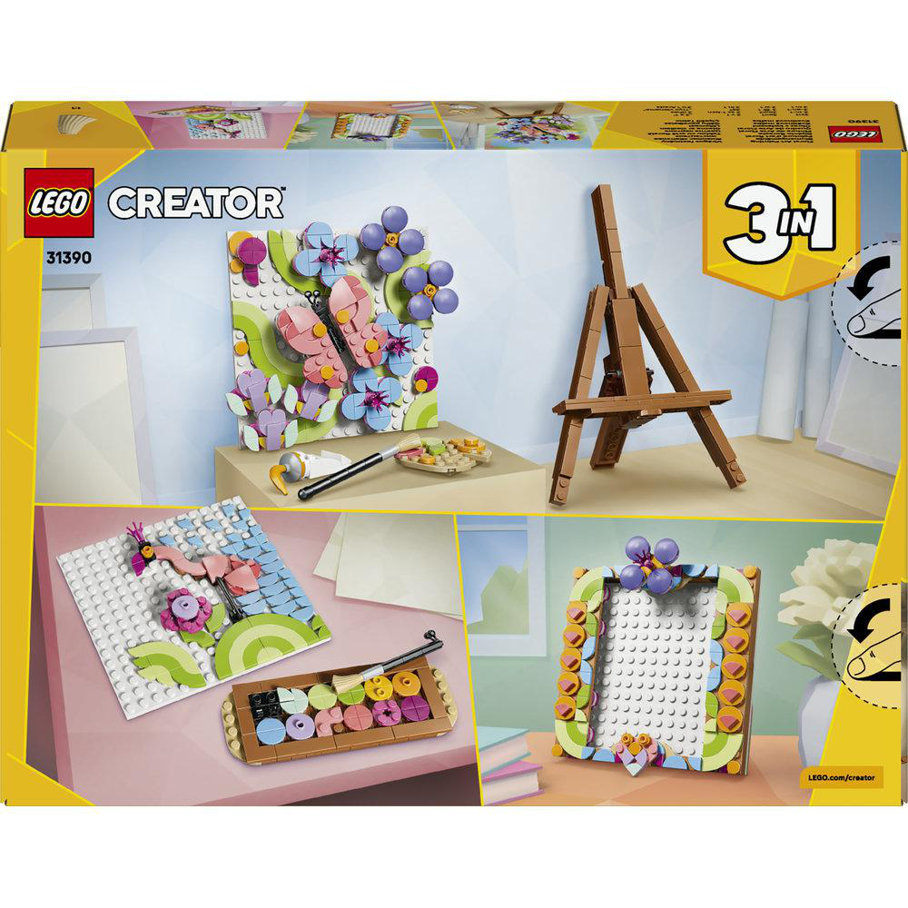LEGO Creator 3-in-1-Set zeigt Schmetterlinge, Vögel und einen Fotorahmen.