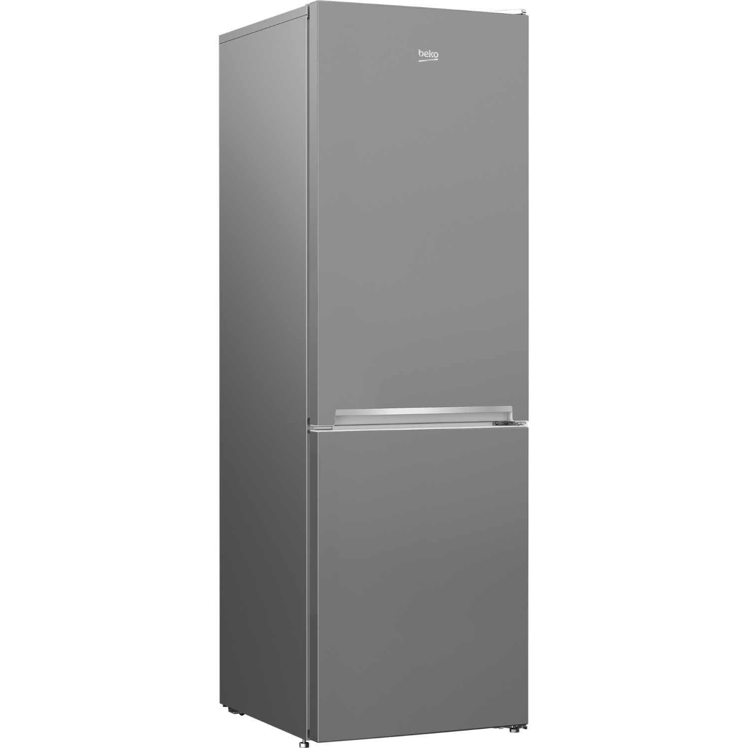 Un réfrigérateur Beko gris avec congélateur en haut et réfrigérateur en bas.