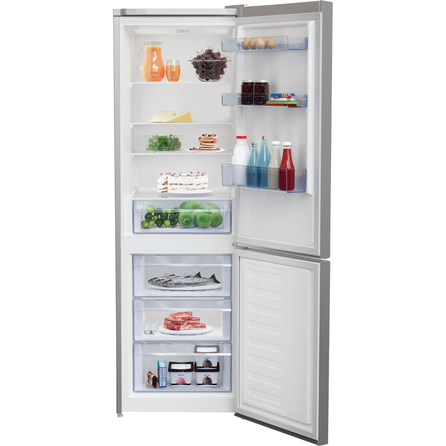 Réfrigérateur ouvert avec nourriture : jus, raisins, fromage, salade, gâteau, pommes, poisson, viande, œufs, pots.