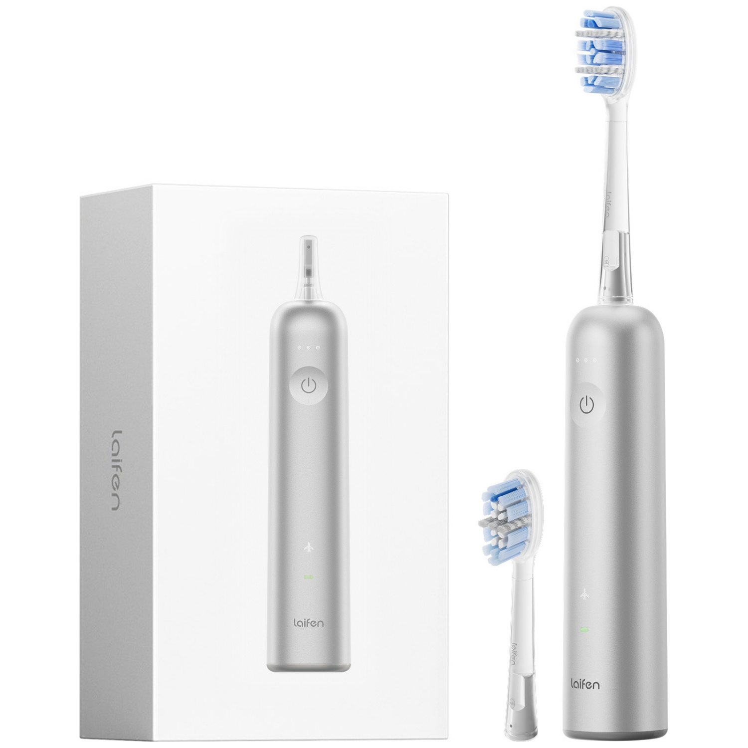 Silver electric toothbrush with box and replacement head.