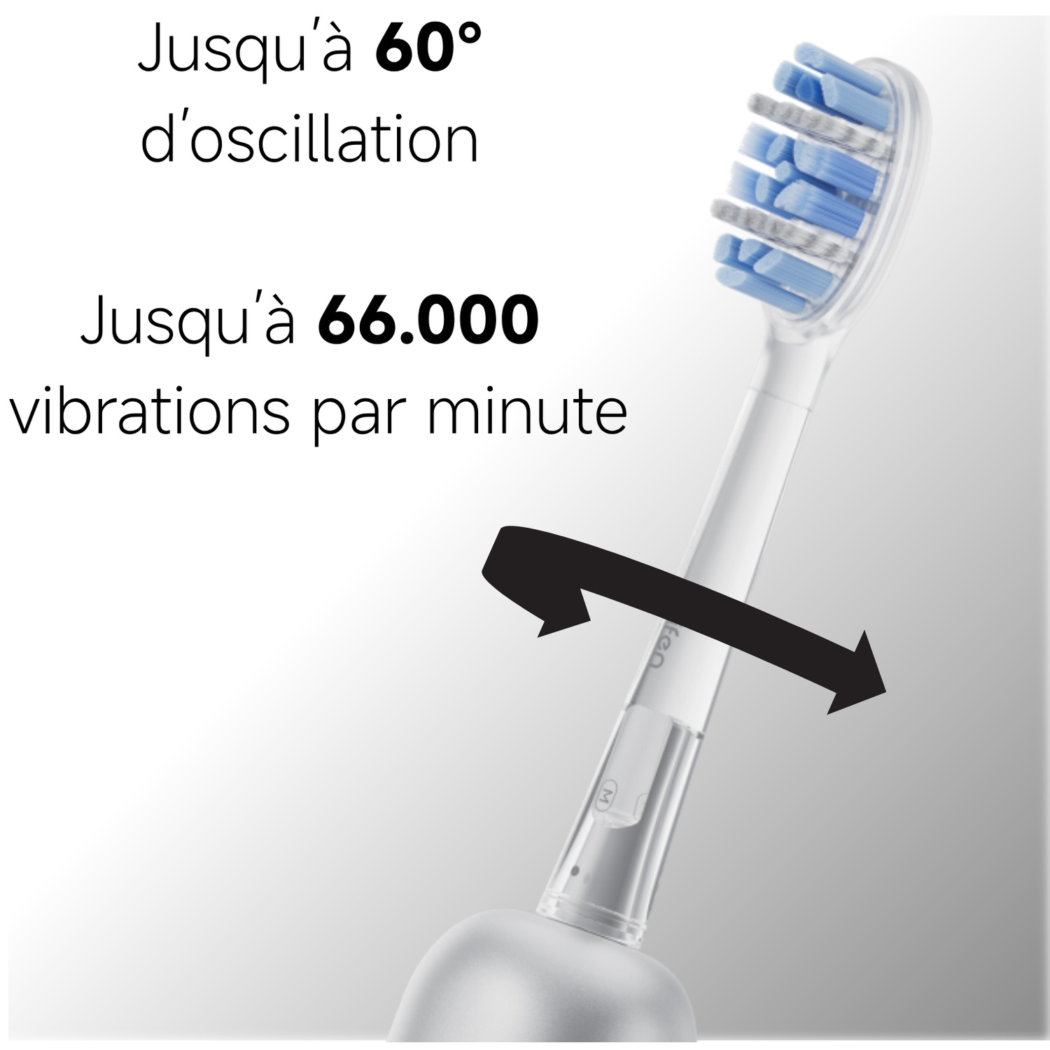 Brosse à dents électrique avec poils bleus et blancs et flèches.
