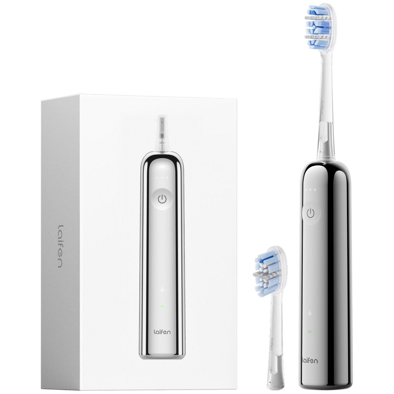 Electric toothbrush and replacement head on a white background, next to a white package.