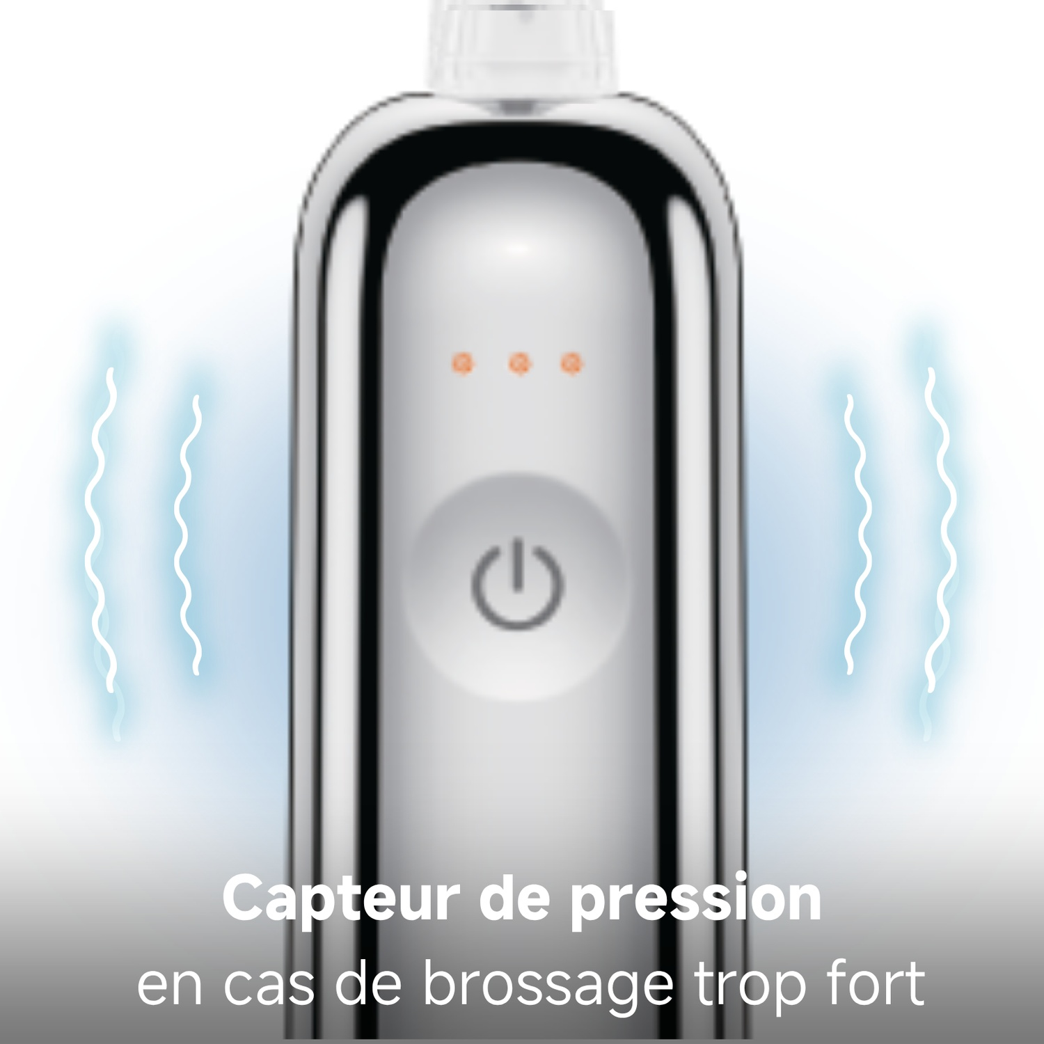 Un appareil argenté avec un bouton d'alimentation et des ondes bleues.