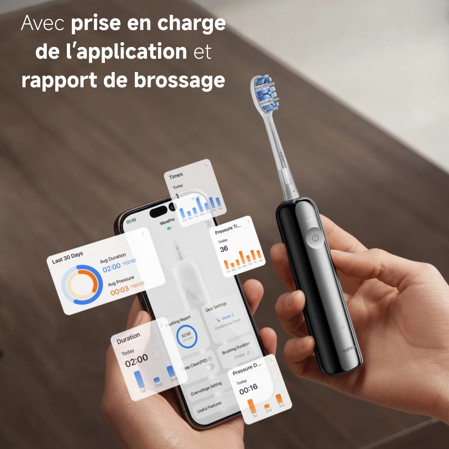 Brosse à dents électrique noire tenue en main, avec données d'application sur téléphone.