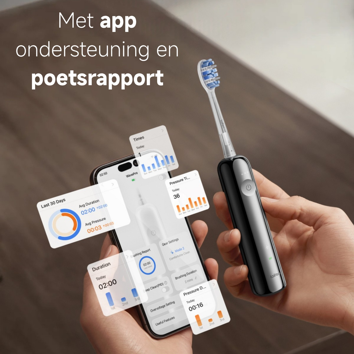 A hand holds a smartphone displaying an electric toothbrush app and an electric toothbrush.