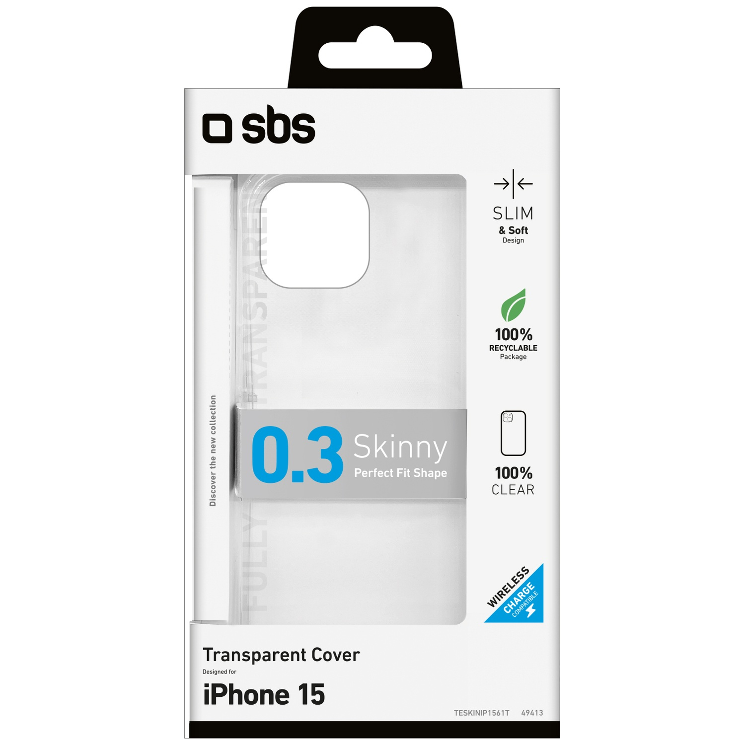 Packaging coque iPhone 15 : transparent, fin, 0,3mm, compatible charge sans fil.