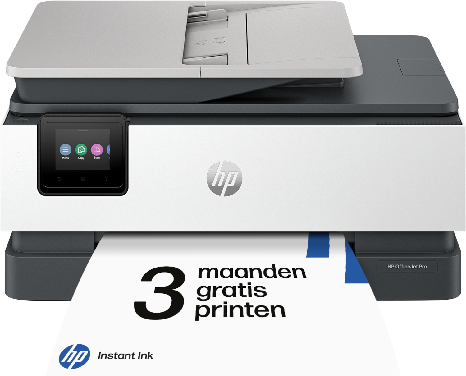 Een HP OfficeJet Pro printer geeft een vel uit met de tekst "3 maanden gratis printen".