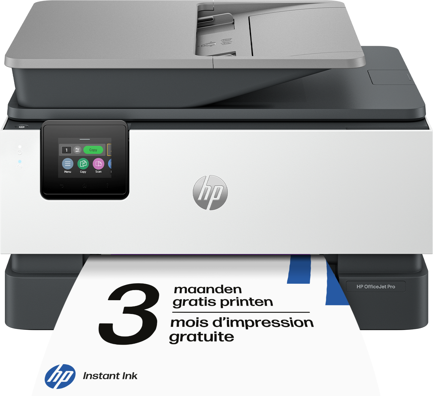 Une imprimante HP OfficeJet Pro sort une feuille indiquant '3 mois d'impression gratuite'.