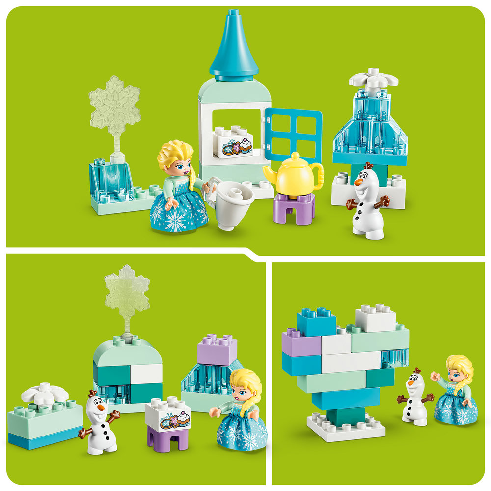 Elsa, Olaf und ein Schloss aus Bausteinen, eine Teekanne und Schneeflocken.
