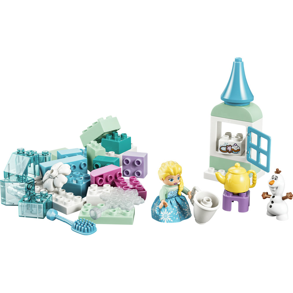 LEGO Elsa, Olaf und Bausteine mit einem kleinen Turm, Teekanne und Becher.