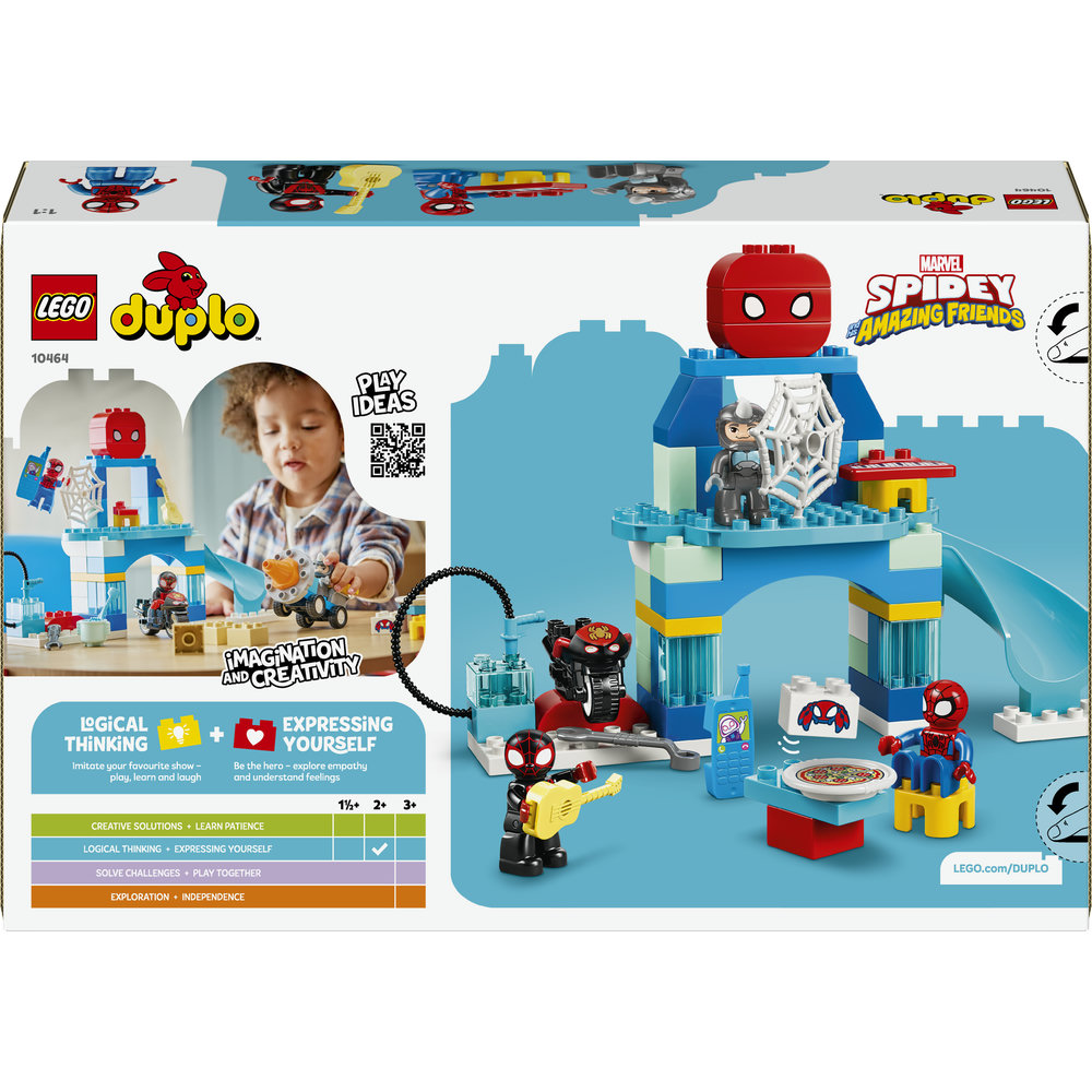 LEGO Duplo Spidey-Spielset mit Figuren und Bauanleitung auf blauem Hintergrund.