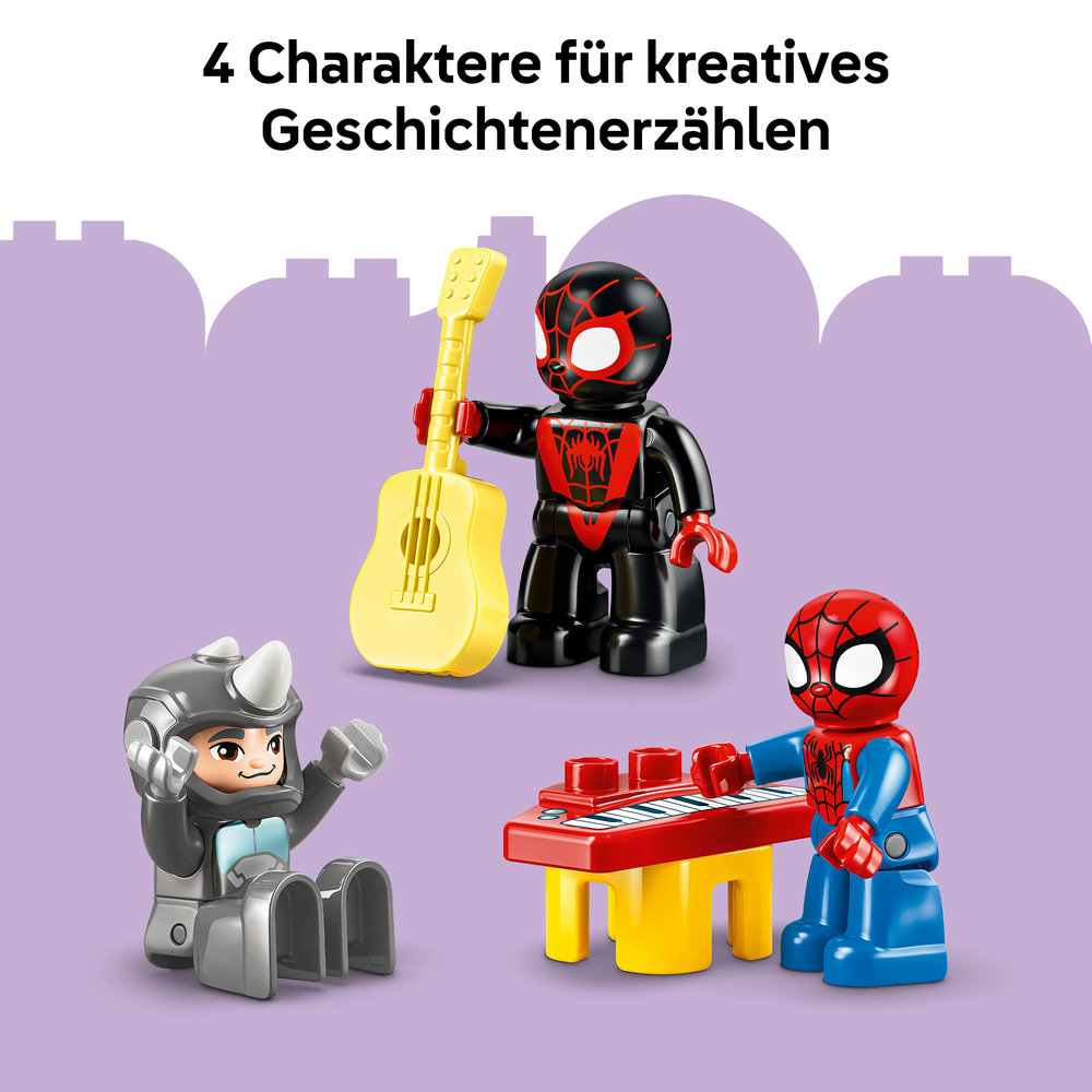 Drei Spider-Man-Figuren spielen Instrumente: eine Gitarre, ein Keyboard und ein Rhino-Kostüm.