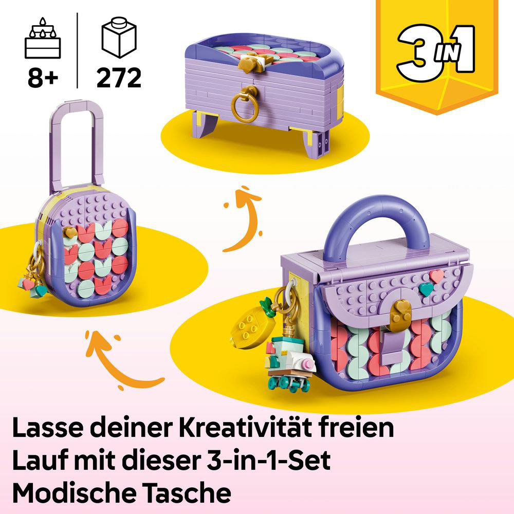 LEGO 3-in-1 Set: Lässige Tasche, Truhe und kleine Tasche aus lila und bunten Steinen.