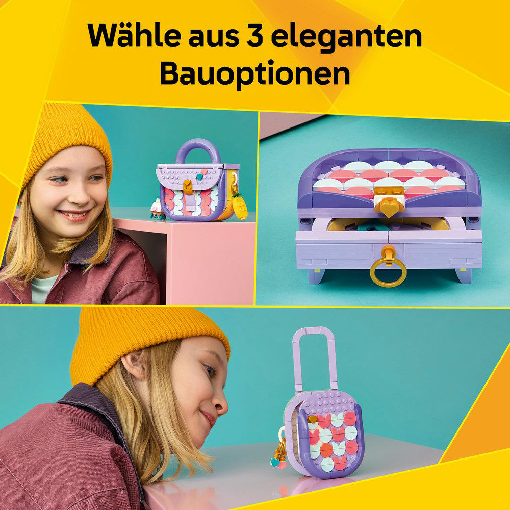Mädchen mit gelber Mütze neben Lego-Taschenmodellen: eine Handtasche und eine Schatulle.