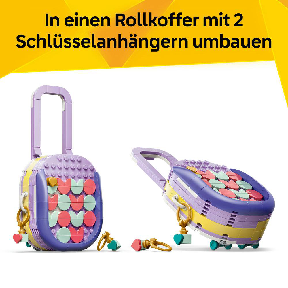Zwei LEGO-Koffer-Schlüsselanhänger, einer aufrecht, der andere gekippt.