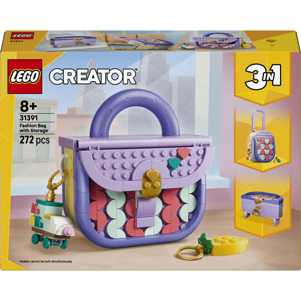 LEGO Creator Bausatz: Eine lila Handtasche mit bunten Mustern, kleinem Auto-Anhänger.