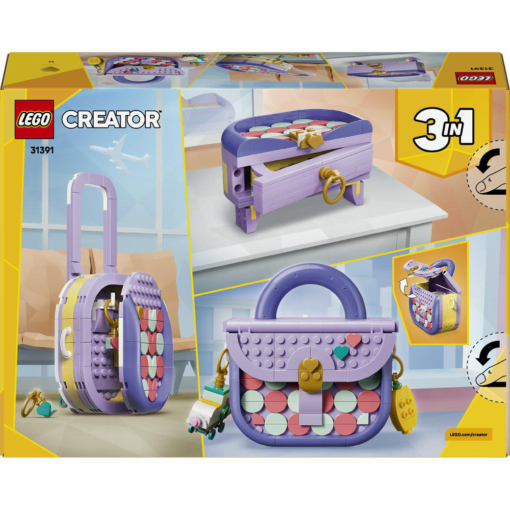 Lego Creator Koffer- und Handtaschen-Set in Lila, Gelb und Grün.