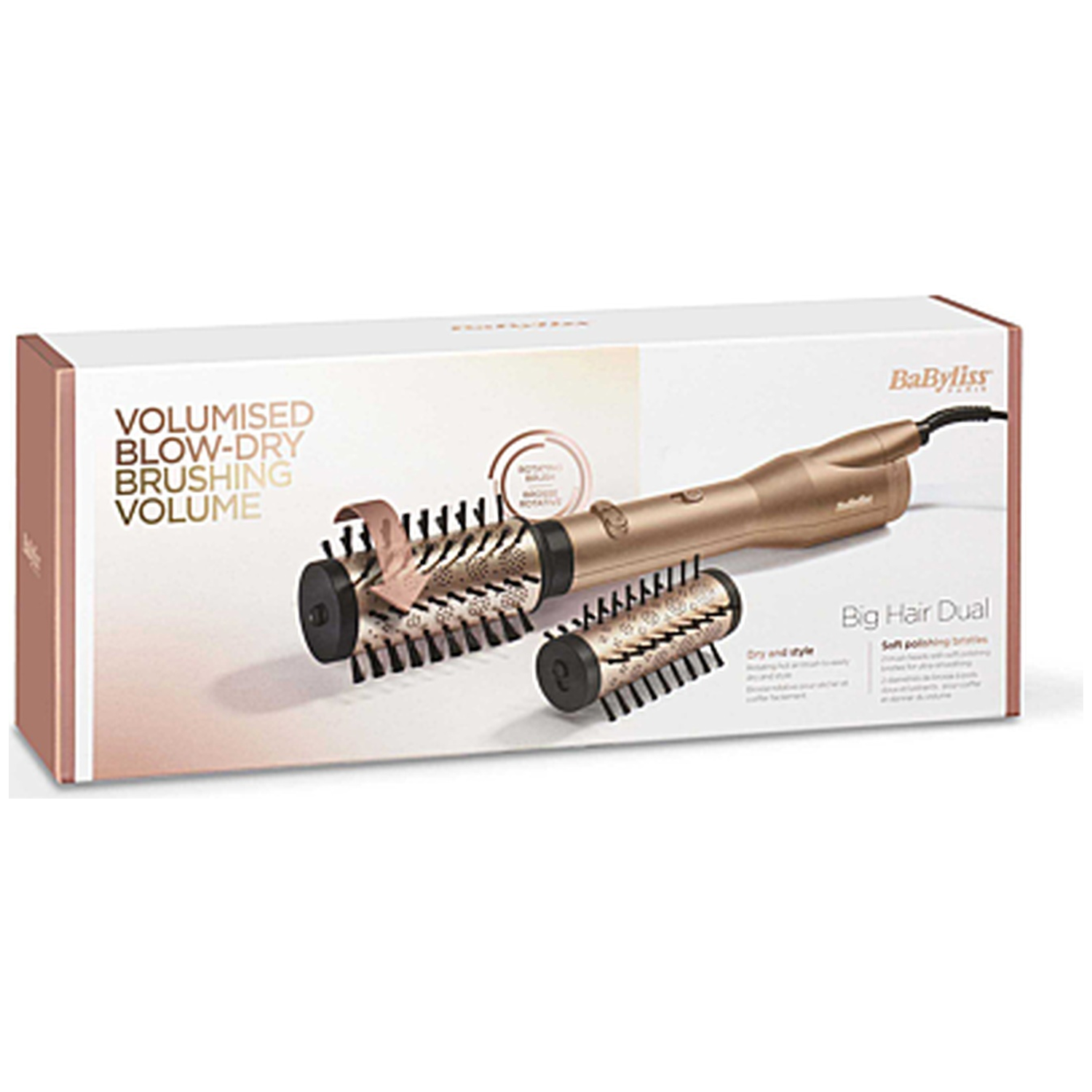 BaByliss Big Hair Dual verpakking met een gouden roterende föhnborstel en extra opzetstuk.