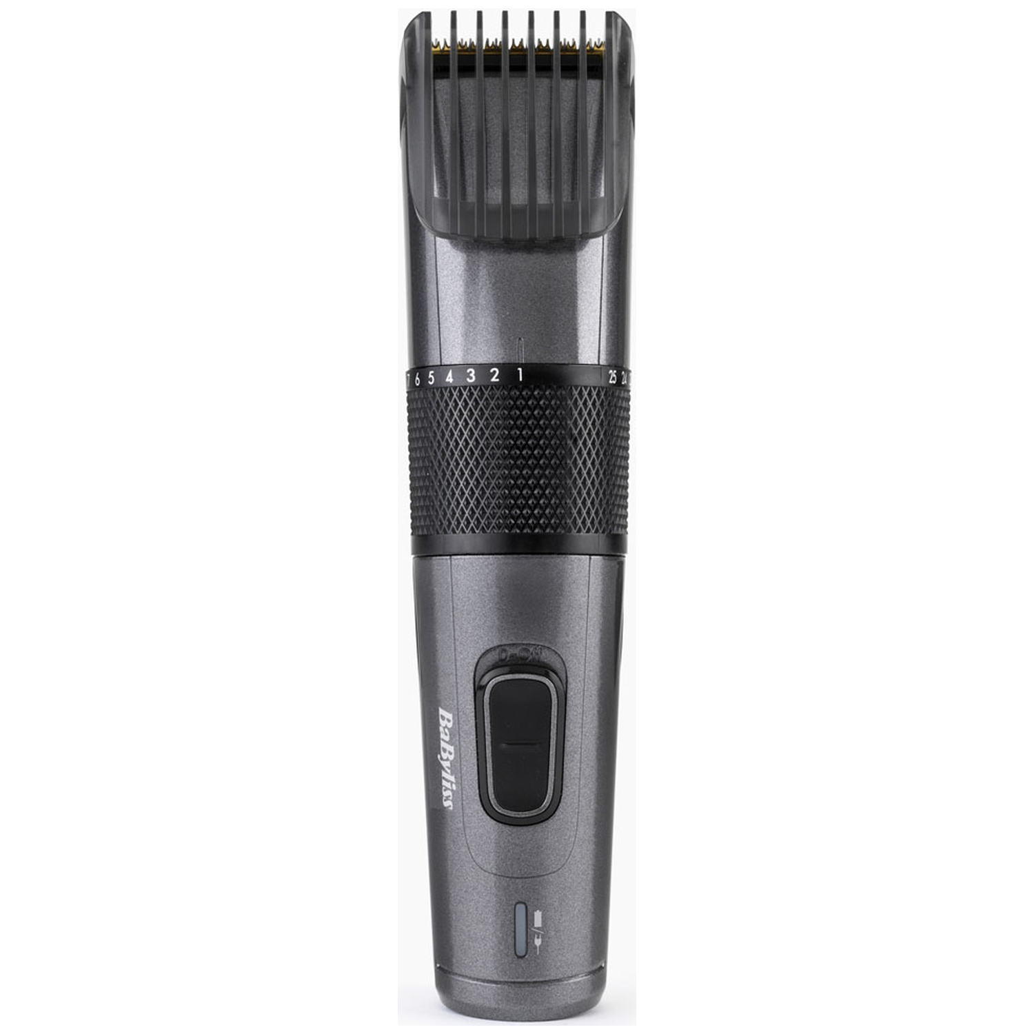 Gray electric hair clipper with a black textured grip and adjustment dial.