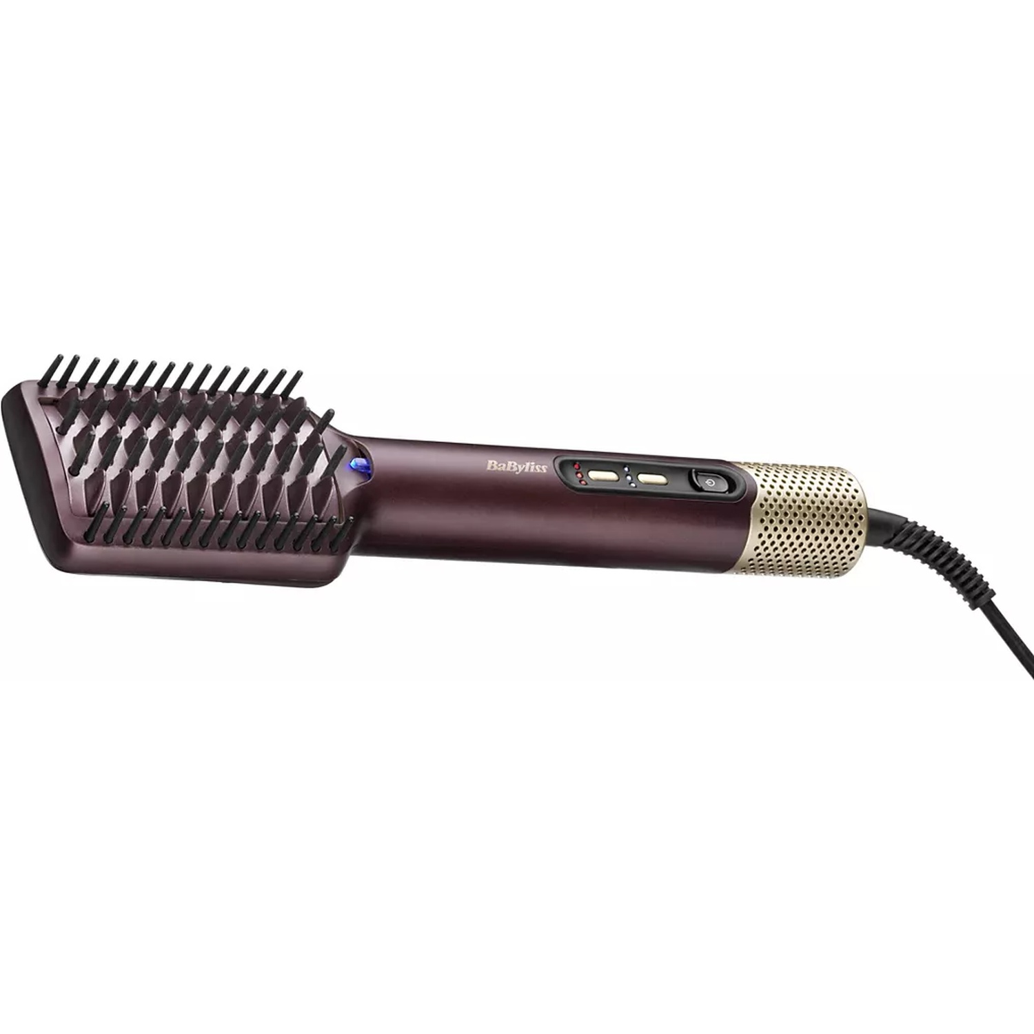 Een bordeauxrode haarstyler met gouden handvat en zwarte borstels.