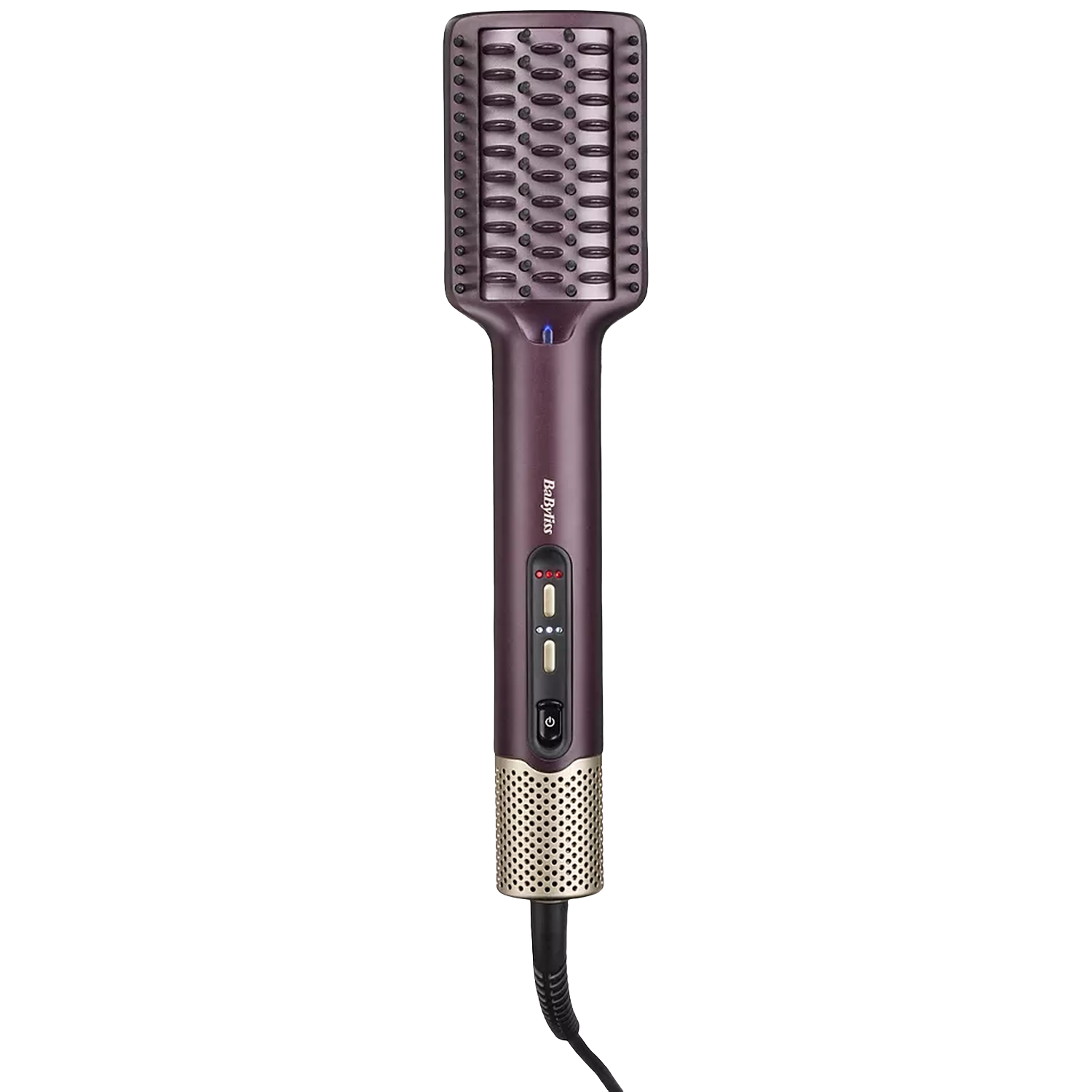 Een paarse Babyliss stijltangborstel met een gouden gaaspatroon op het handvat.