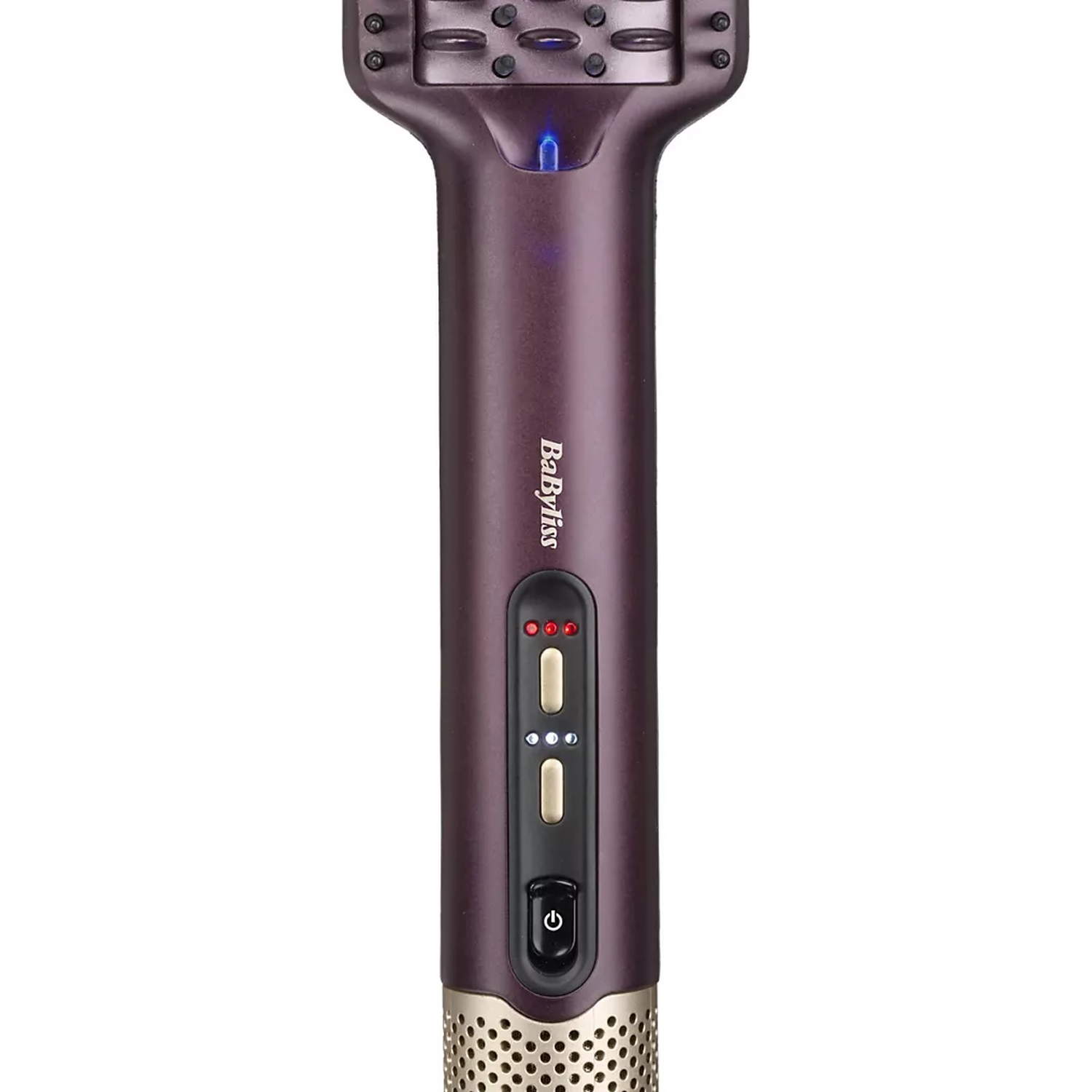 Een paarse haardrogerhandgreep met bedieningselementen en een logo.