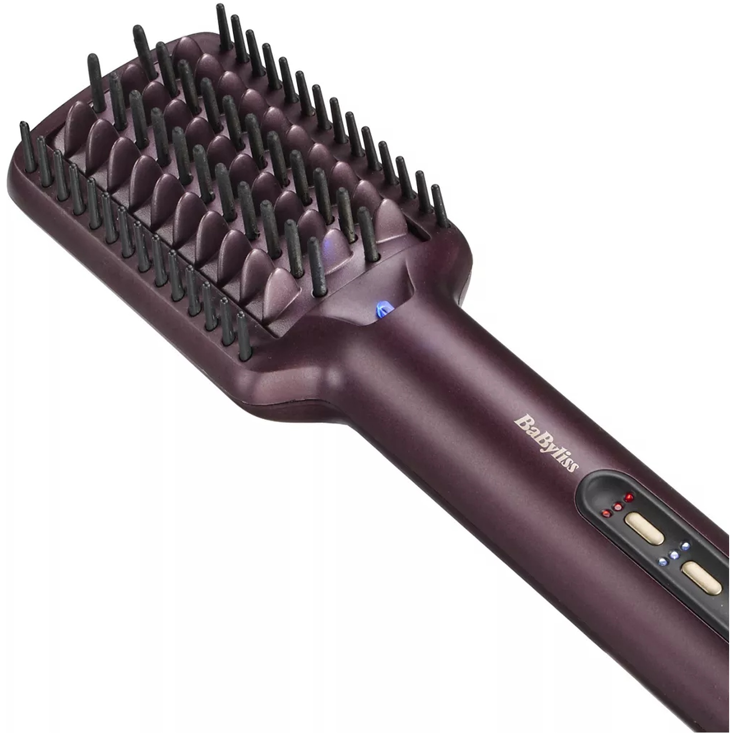 Een paarse stijltangborstel met zwarte borstelharen en bedieningsknoppen.