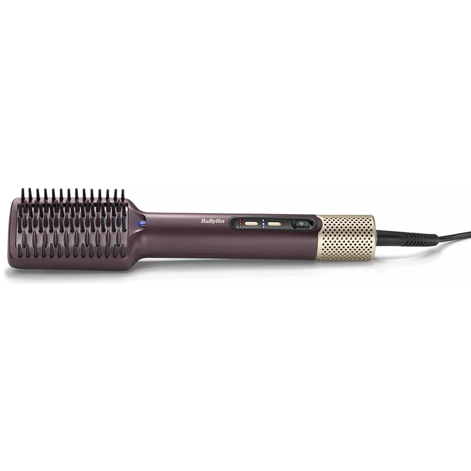 Een paarse haarstrijkborstel met gouden handvat en zwart snoer.