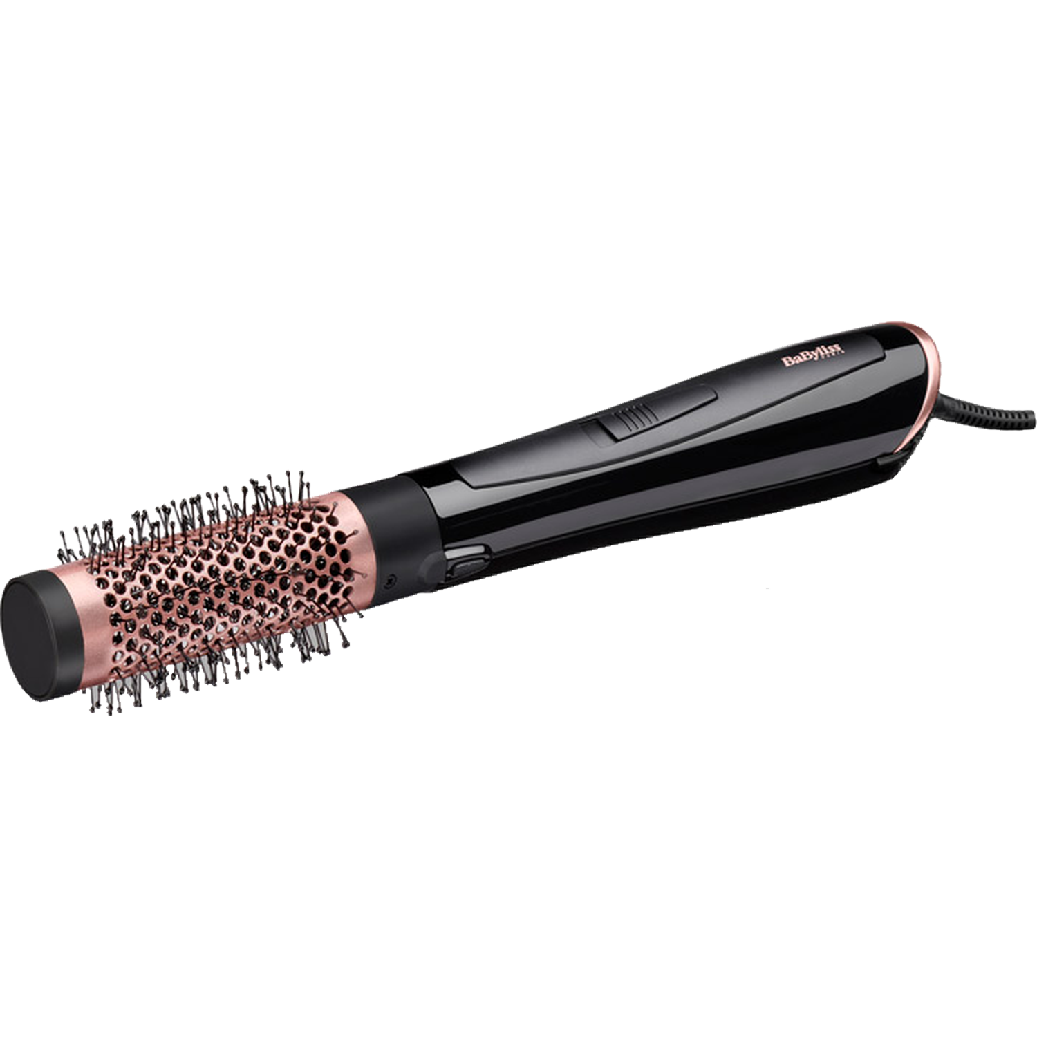 Een zwarte elektrische hete borstel met een roségouden loop en snoer.