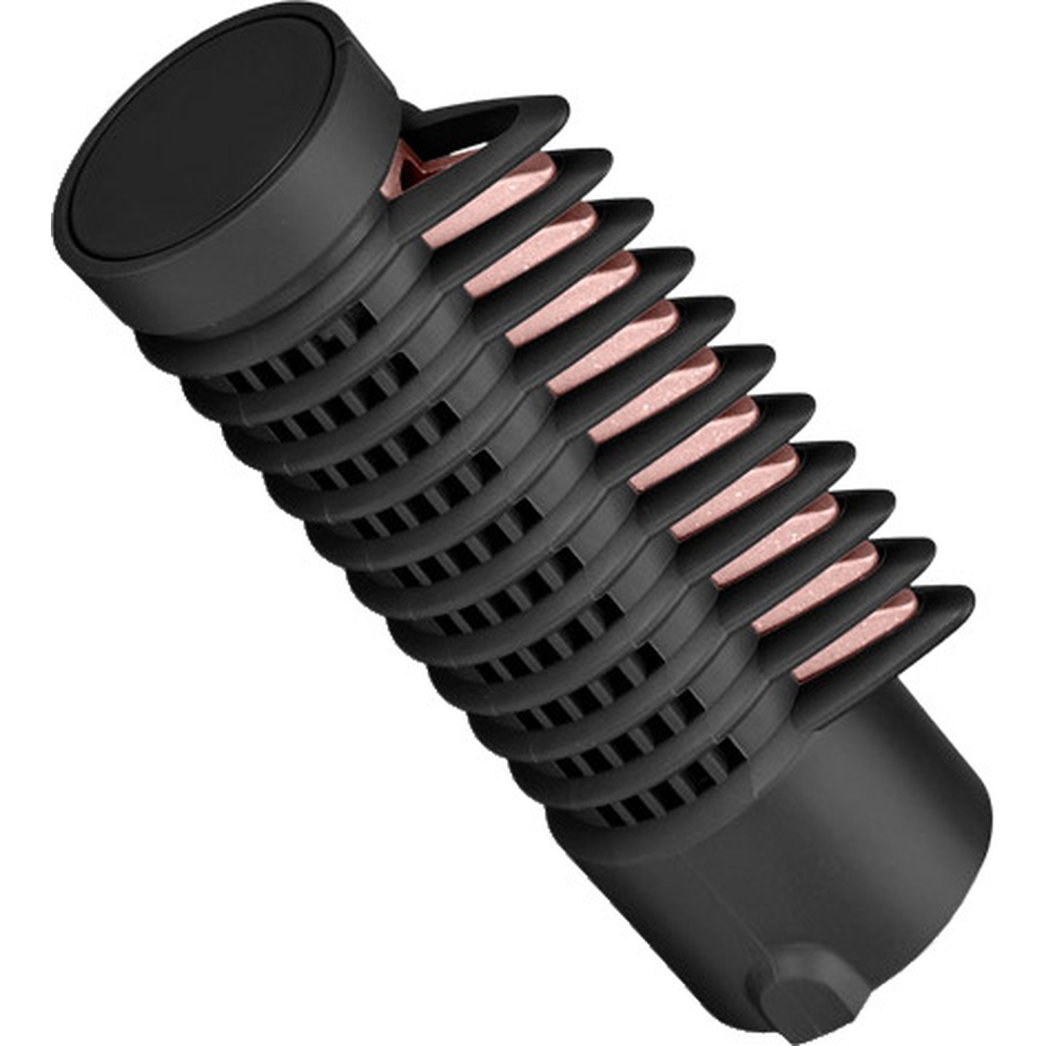 Een zwart, cilindrisch object met meerdere lamellen en roze inzetstukken.