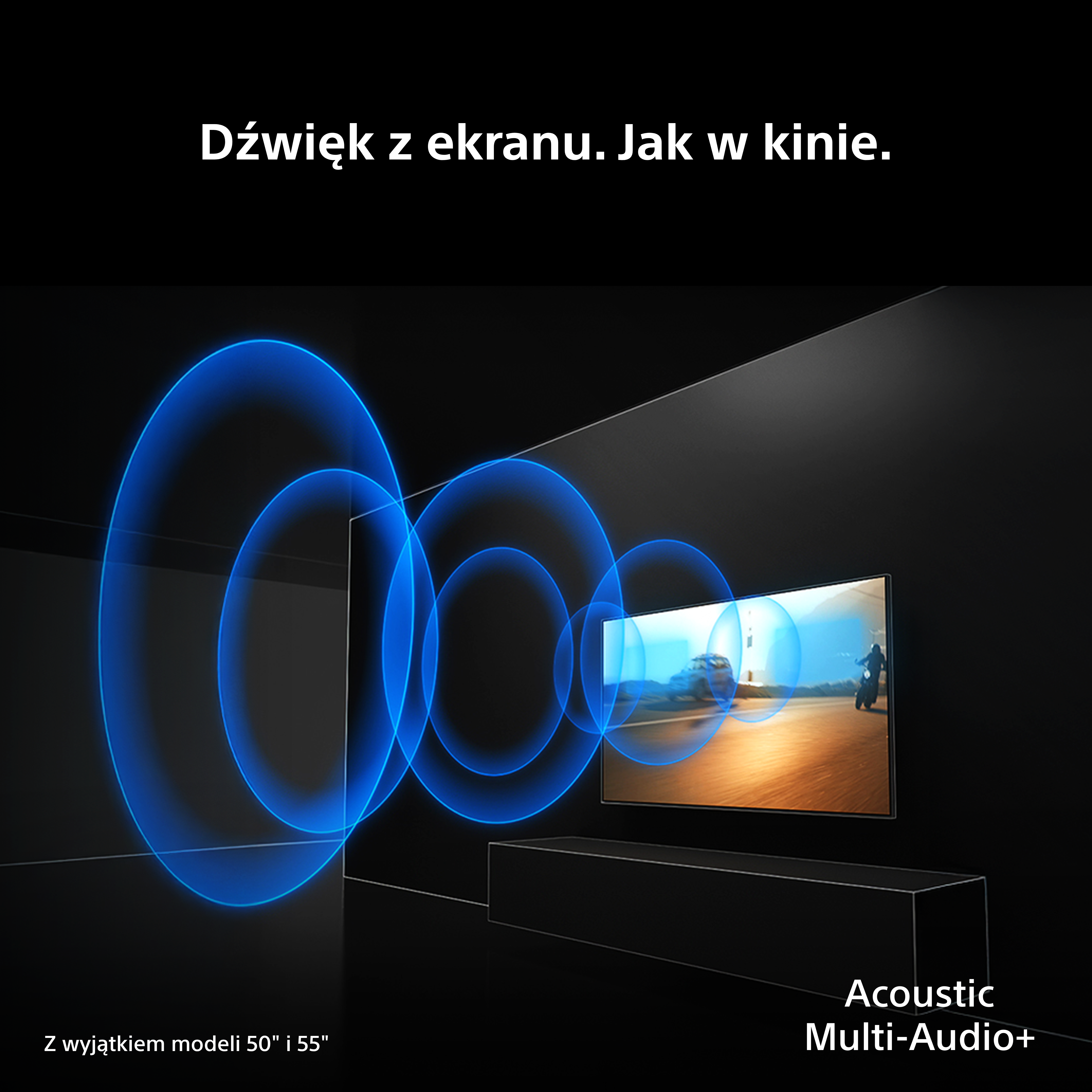 Telewizor z niebieskimi falami dźwiękowymi emanującymi z ekranu.
