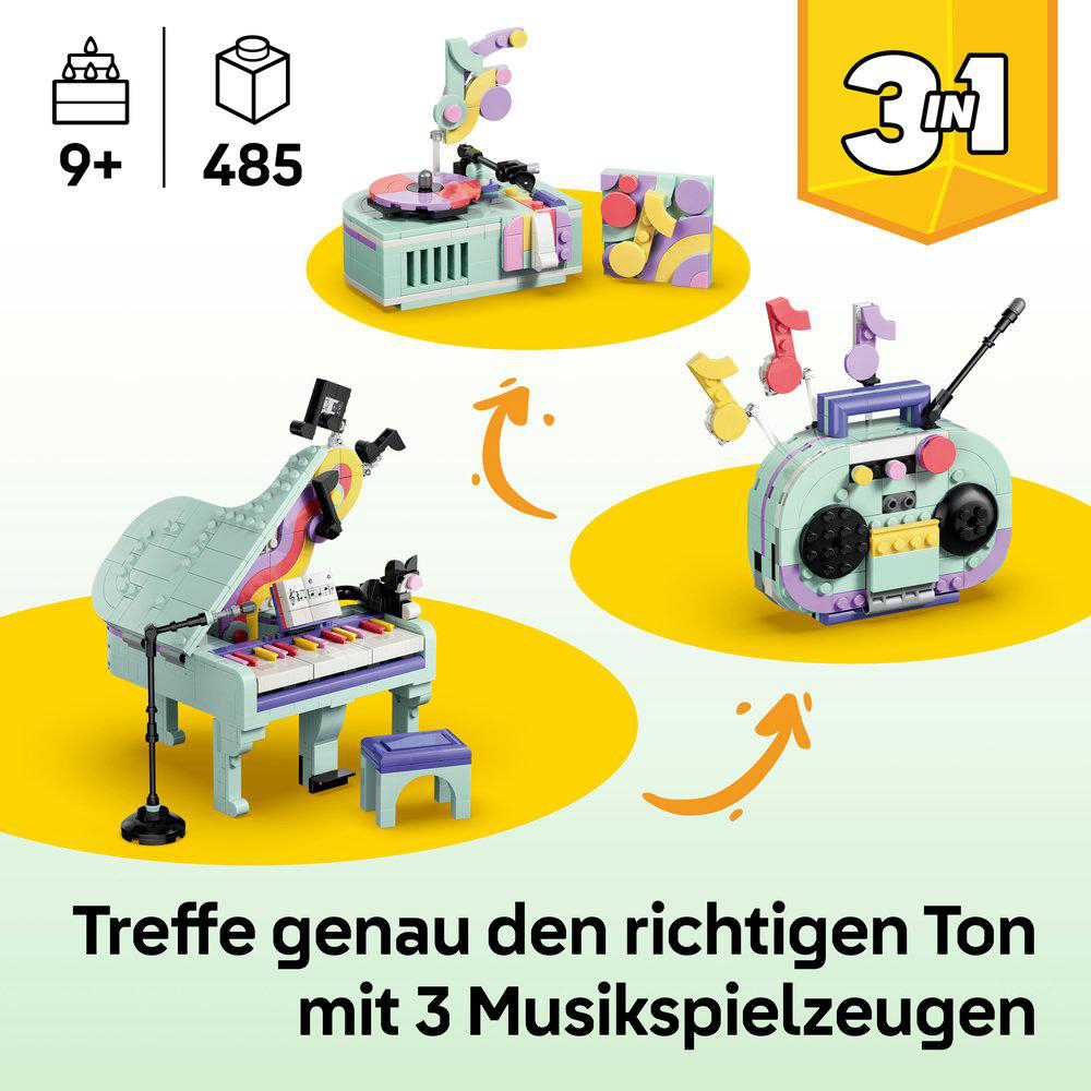 Bunte Lego-Musikspielzeuge: Klavier, Plattenspieler und Radio. Alter 9+, 485 Teile.